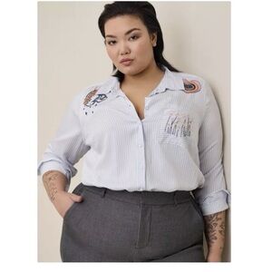 Torrid Lizzie Blue Striped Embroidered Striped Button-Down Shirt